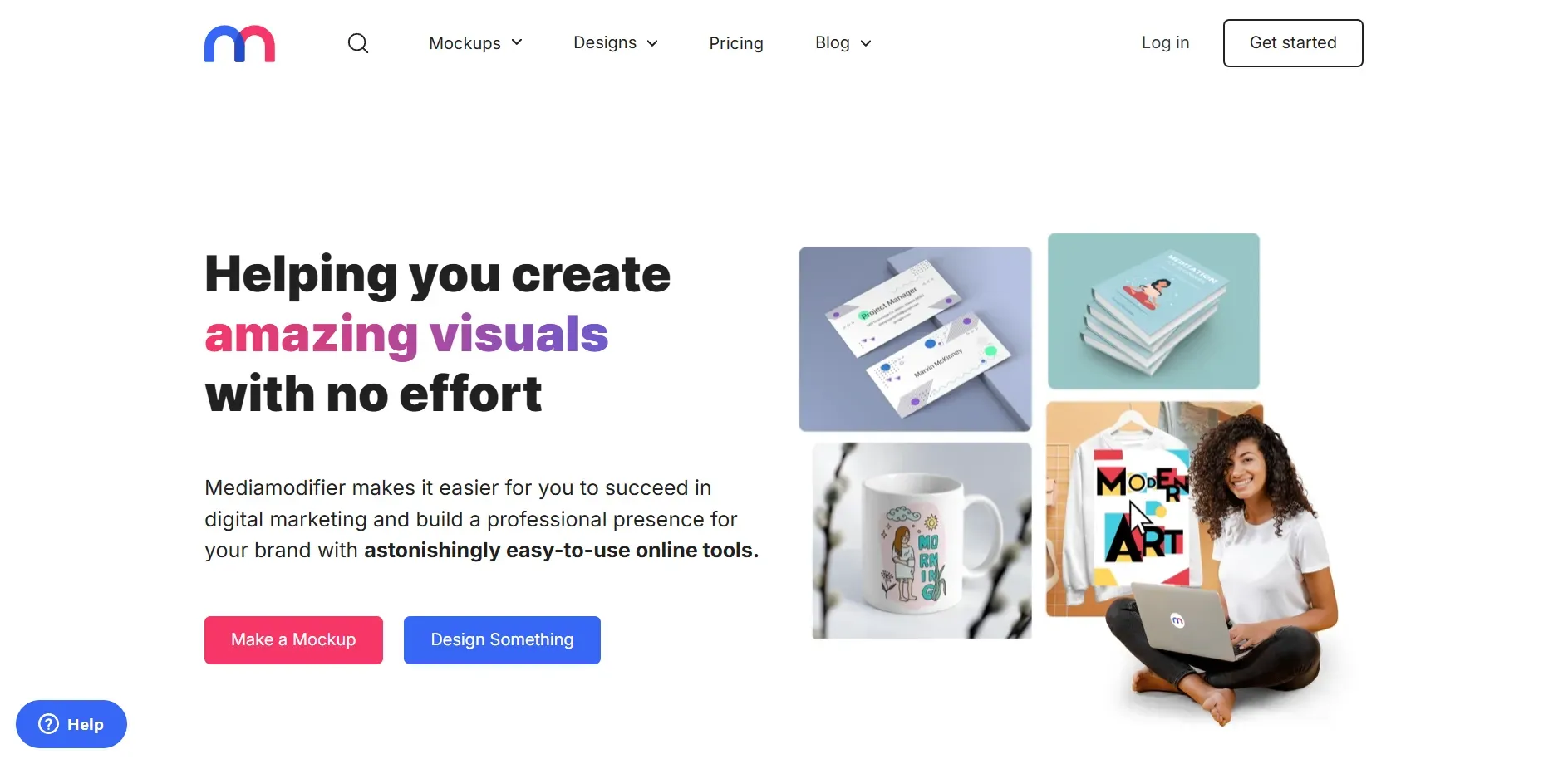 Mediamodifier homepage banner with preview images of mockups and design templates.